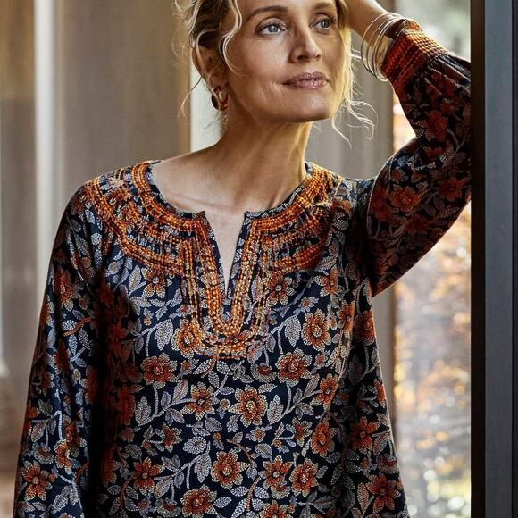 Pure Jill $99 4X Navy Orange White Stitched Floral Twill Embroidered Tunic Top - Picture 1 of 12